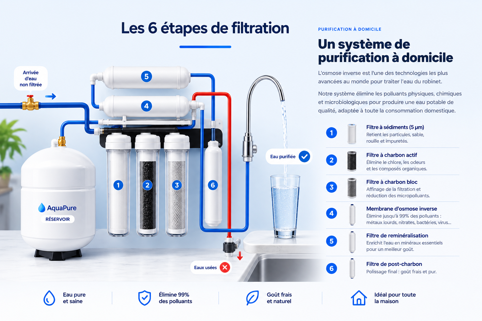 Schéma des 6 étapes de filtration AquaPure : sédiments, charbon actif, charbon bloc, osmose inverse, reminéralisation et post-charbon.
